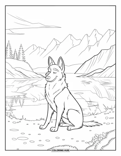 Coloriage de berger allemand pour adultes : Un chiot aux yeux fermés se détend au bord d'un lac rocheux avec des montagnes et des cailloux autour