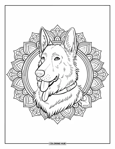 Coloriage de berger allemand pour adultes : La tête d'un chiot royal est encadrée de mandalas floraux et de contours nets