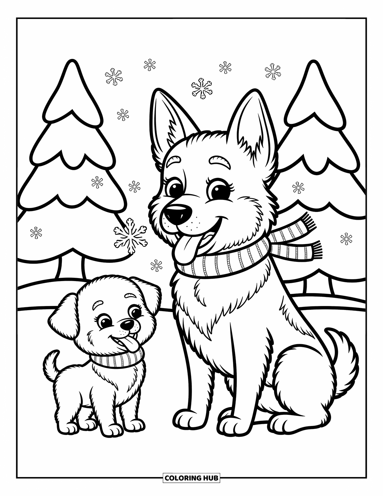 Disegno di un Pastore Tedesco da colorare per adulti: Un cucciolo con una sciarpa cattura fiocchi di neve accanto a un piccolo cucciolo di neve sotto alberi innevati