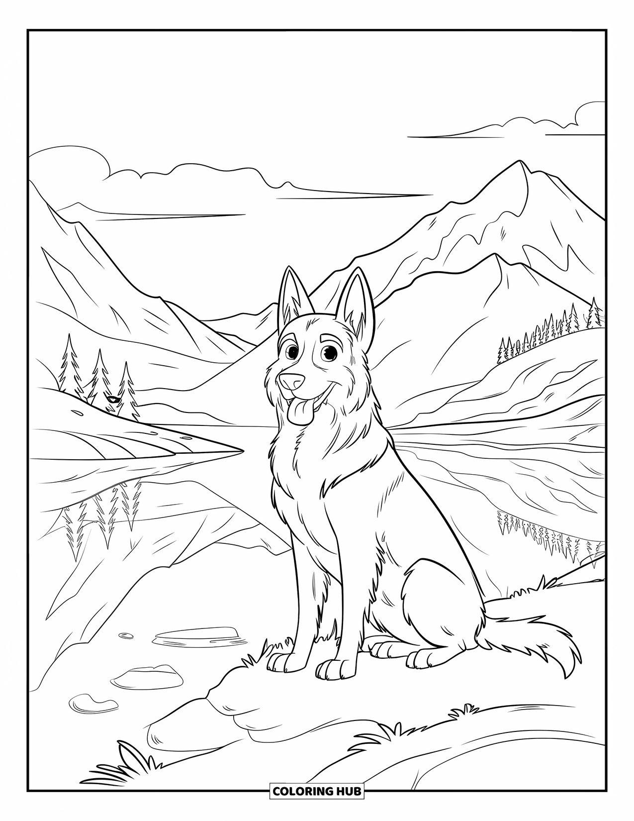 Disegno di pastore tedesco da colorare per adulti: Un cane sereno siede accanto a un lago con montagne e nuvole riflesse nell'acqua