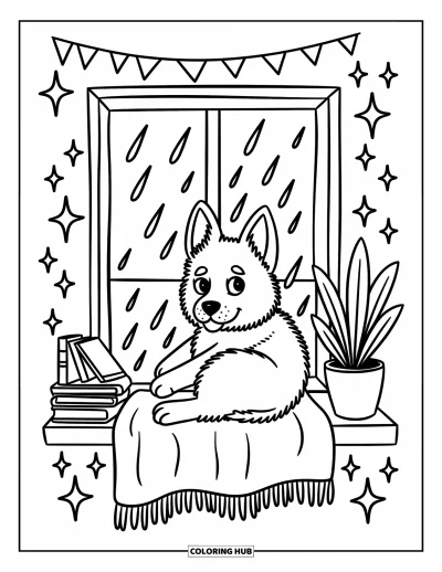 Coloriage de berger allemand pour adultes : Un berger allemand endormi se recroqueville sur un siège de fenêtre, regardant la pluie avec des détails confortables autour