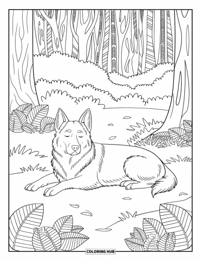 Coloriage de berger allemand pour adultes : Un chiot endormi est allongé dans la forêt avec les yeux fermés et des feuilles éparpillées autour