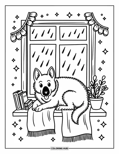 Coloriage de berger allemand pour adultes : Un chiot doux se blottit près de la fenêtre, profitant de la pluie avec des livres et des étincelles autour