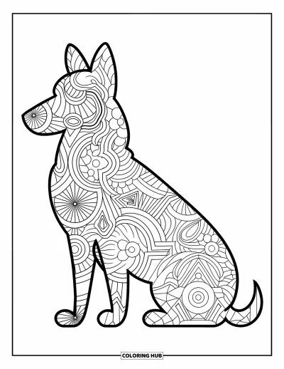 Coloriage de berger allemand pour adultes : Une silhouette de chiot à motifs tourbillonnants se détache avec audace sur un fond blanc propre