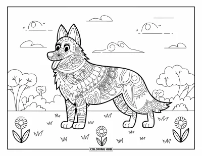 Coloriage de berger allemand pour adultes : Un chiot à motifs tourbillonnants se tient dans un champ sous les nuages avec des fleurs et des arbres à proximité