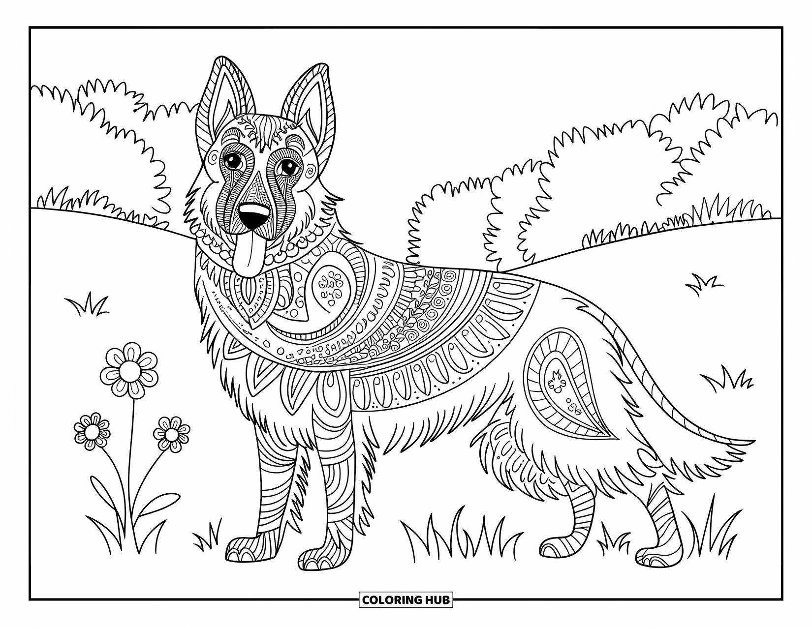 Disegno di pastore tedesco da colorare per adulti: Un pastore tedesco zentangle si erge in un campo con fiori e alberi tutt'intorno