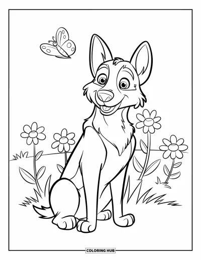 Coloriage de berger allemand pour enfants : Un chiot calme regarde un papillon dans un champ rempli de fleurs