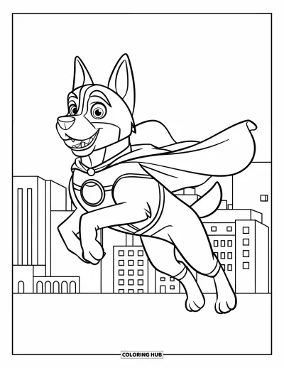 Coloriage de berger allemand pour enfants : Un chien capé s’élève au-dessus des toits avec des contours gras et des bâtiments de la ville