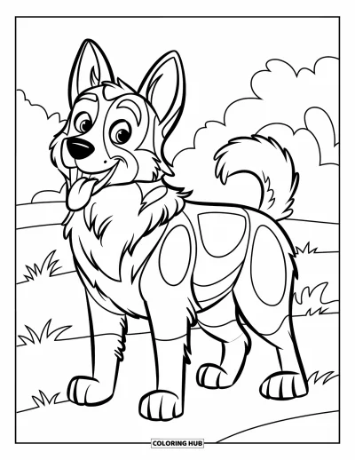 Coloriage de berger allemand pour enfants : Un berger allemand joyeux se tient debout avec la queue qui frétille dans un champ herbeux, tracé en traits épais