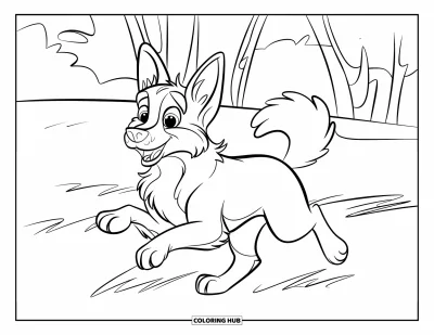 Coloriage de berger allemand pour enfants : Un berger joyeux court avec des oreilles tombantes à travers un champ ensoleillé