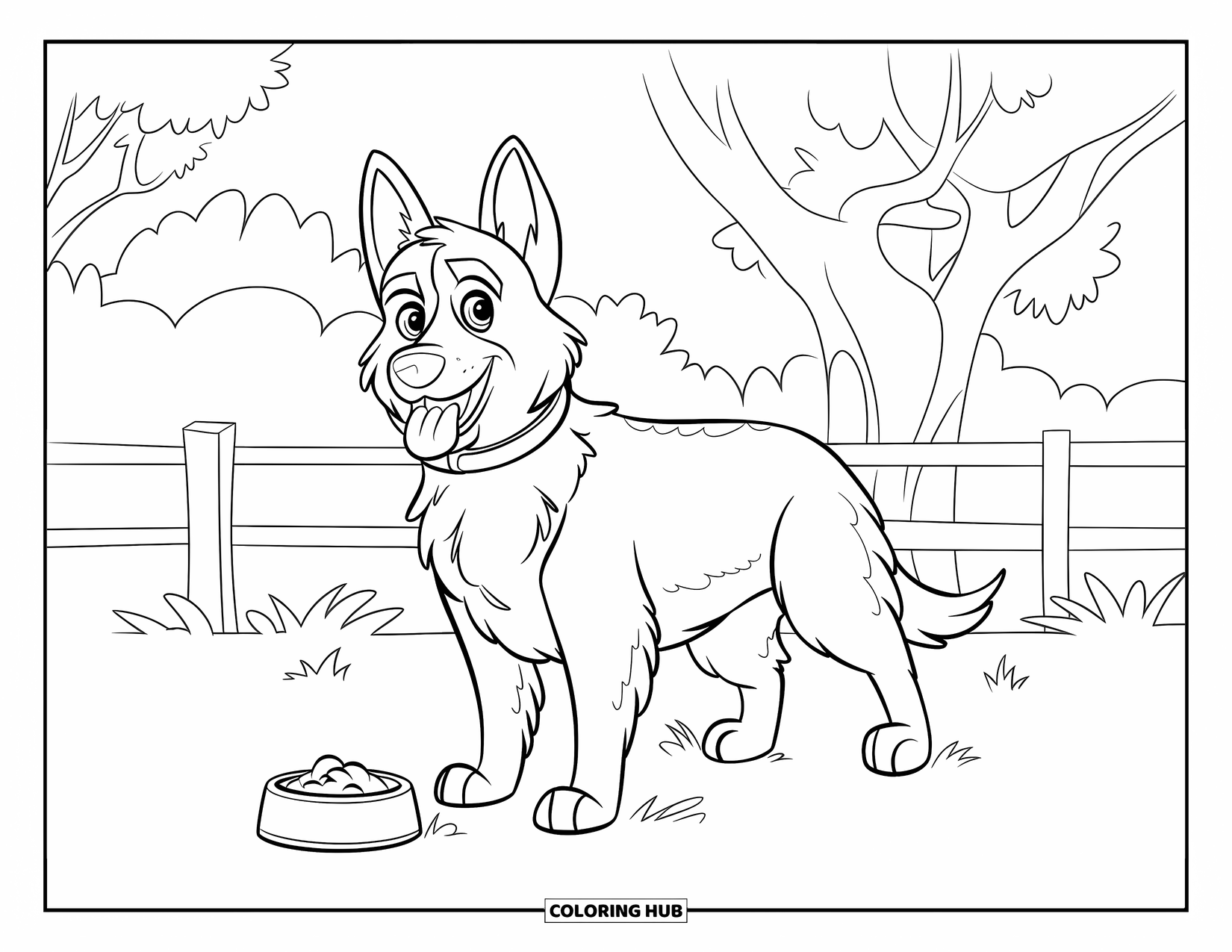Disegno di un Pastore Tedesco da colorare per bambini: Un cane con collare annusa la sua ciotola di cibo vicino ad alberi e una recinzione