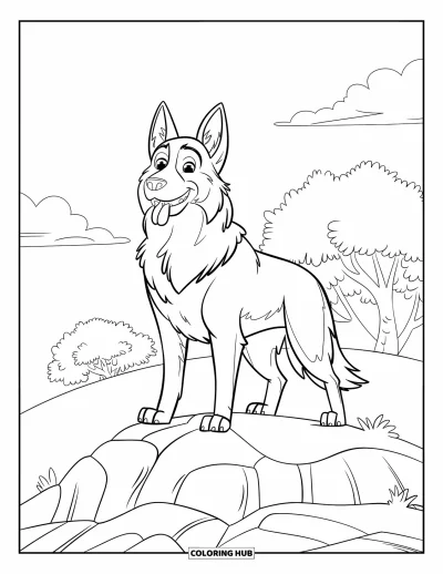 Coloriage de berger allemand pour enfants : Un chien confiant hurle sur une colline sous un ciel nuageux