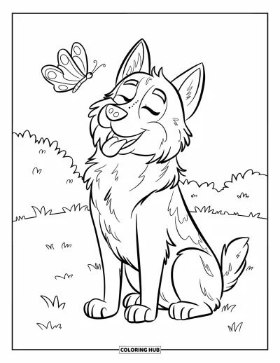 Coloriage de berger allemand pour enfants : Un chien satisfait ferme les yeux alors qu’un papillon vole au-dessus