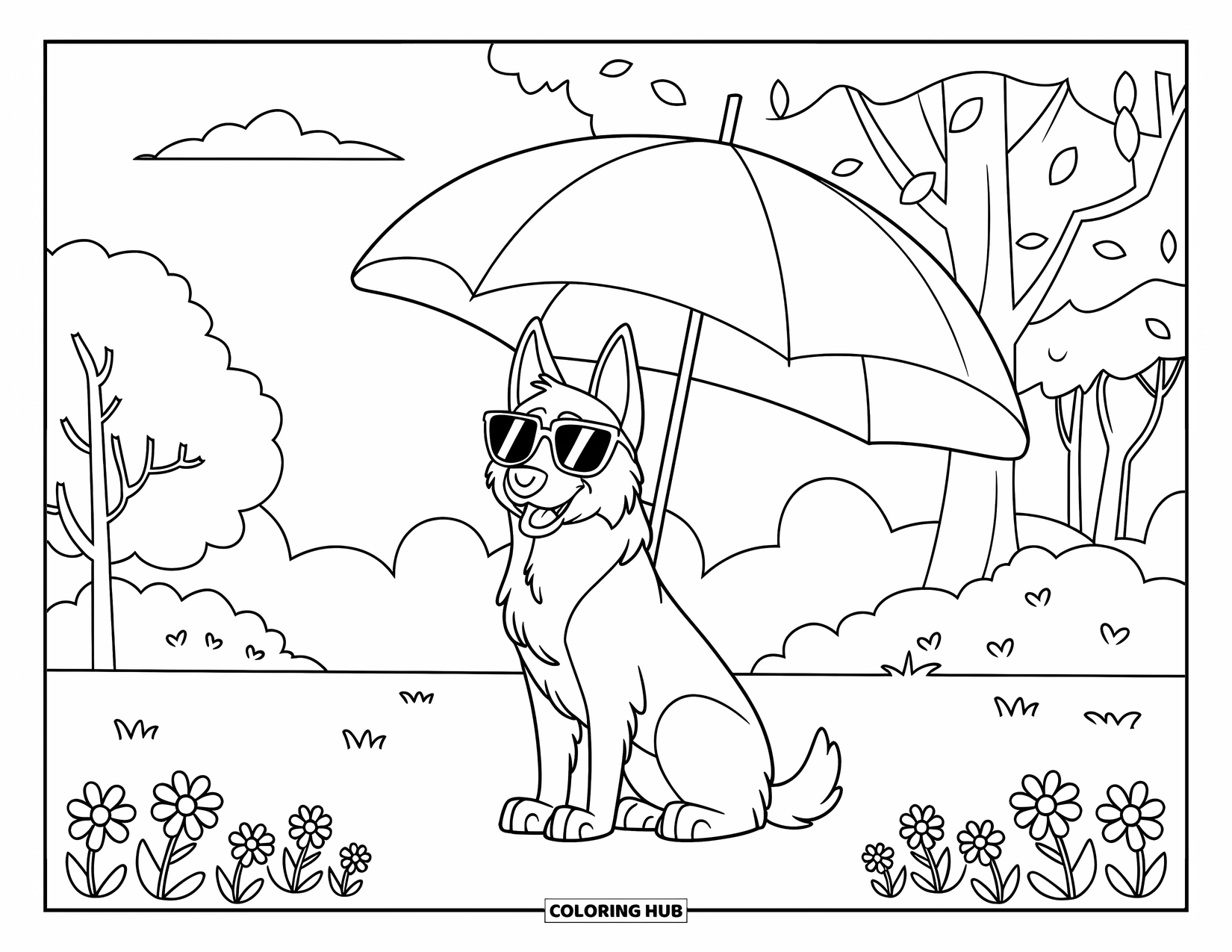 Disegno di un Pastore Tedesco da colorare per bambini: Un cane alla moda con occhiali da sole si rilassa tra fiori e alberi