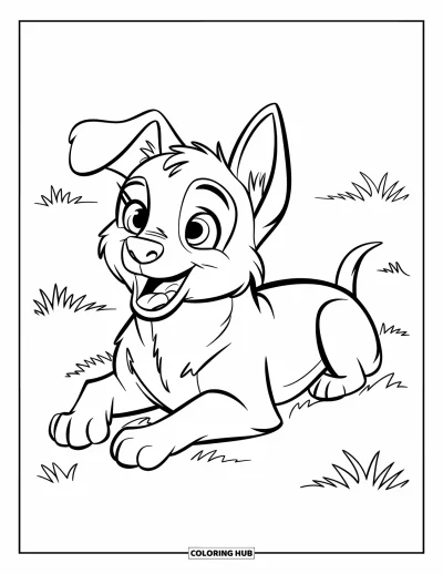 Coloriage de berger allemand pour enfants : Un chiot curieux avec de grands yeux se détend dans un champ ouvert