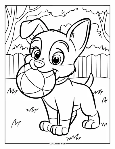 Coloriage de berger allemand pour enfants : Un chiot berger allemand mignon tient une balle dans sa bouche tout en se tenant dans une cour herbeuse avec des arbres