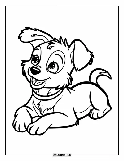 Coloriage de berger allemand pour enfants : Un chiot berger allemand mignon est couché, regardant doucement vers le haut