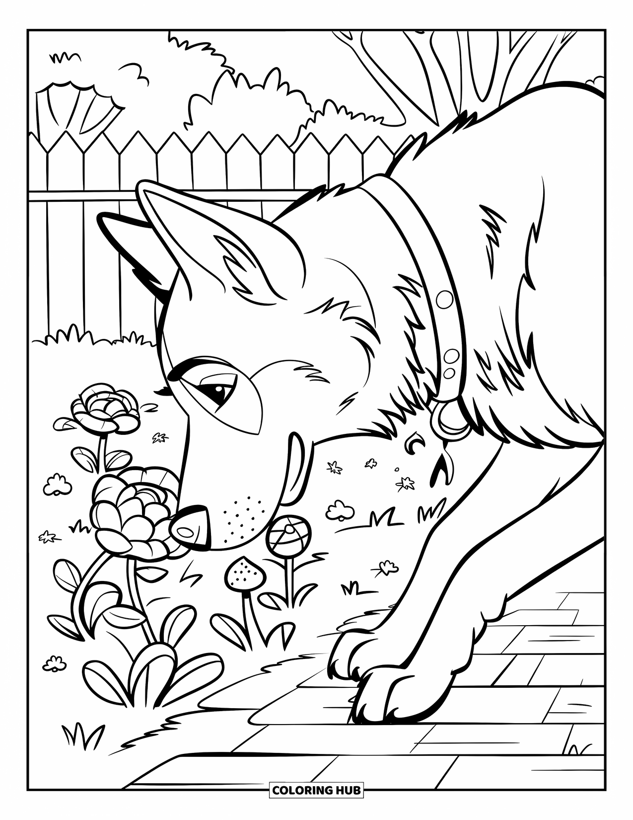 Disegno di un Pastore Tedesco da colorare per bambini: Un cane esplora un sentiero del giardino fiancheggiato da fiori e alberi colorati