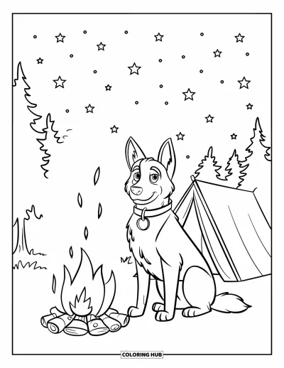 Coloriage de berger allemand pour enfants : Un chien se repose près d’un feu de camp avec des étoiles au-dessus et une tente derrière