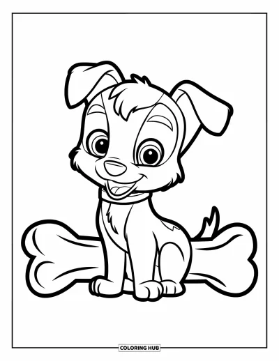 Coloriage de berger allemand pour enfants : Un chiot aux oreilles tombantes est assis calmement à côté d’un gros os, aux contours nets et gras