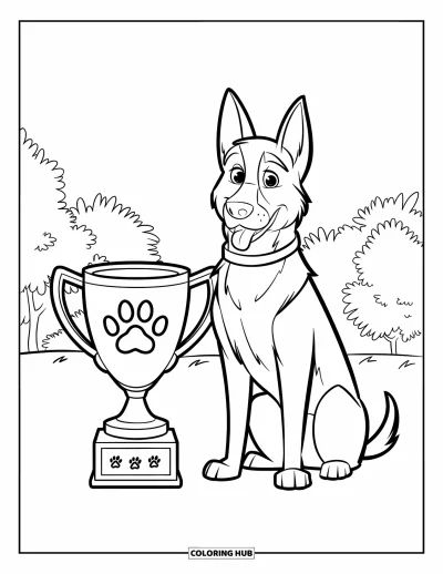 Coloriage de berger allemand pour enfants : Un chien moelleux est assis fièrement à côté d’un trophée sous de grands arbres