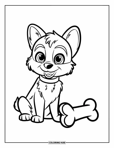 Coloriage de berger allemand pour enfants : Un chiot berger allemand moelleux est assis près d’un os plus gros que lui dans un fond blanc
