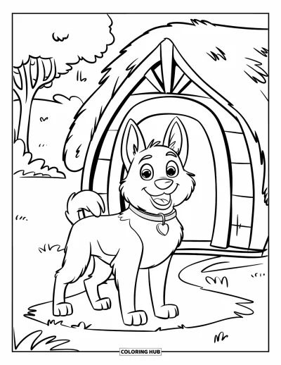 Coloriage de berger allemand pour enfants : Un berger allemand moelleux avec un collier bleu pose joyeusement près d’une niche en chaume sur de l’herbe verte