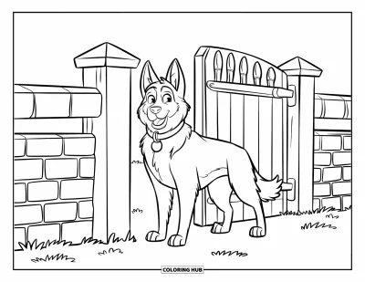 Coloriage de berger allemand pour enfants : Un berger moelleux se tient à une porte en bois dans un champ herbeux