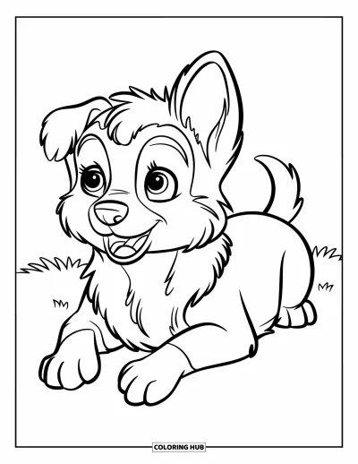 Coloriage de berger allemand pour enfants : Un chiot à la queue touffue se repose sur l’herbe, regardant vers le haut avec joie