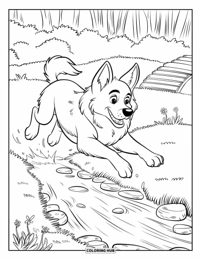 Coloriage de berger allemand pour enfants : Un saut volant au-dessus d’un ruisseau près de fleurs sauvages et d’arbres