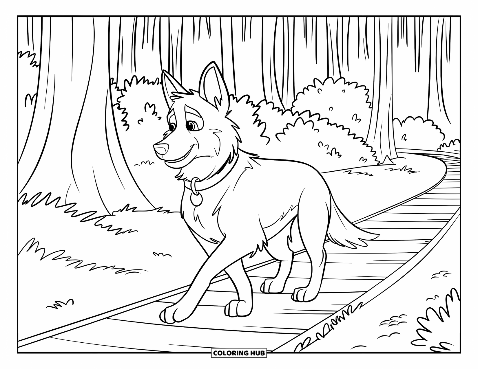 Disegno di un Pastore Tedesco da colorare per bambini: Una passeggiata nella foresta con un Pastore Tedesco su sentieri frondosi