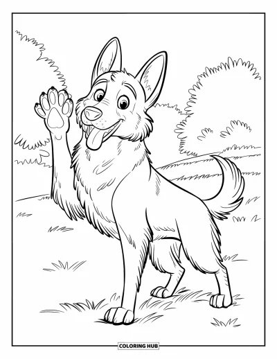 Coloriage de berger allemand pour enfants : Un berger amical offre un high-five près des arbres