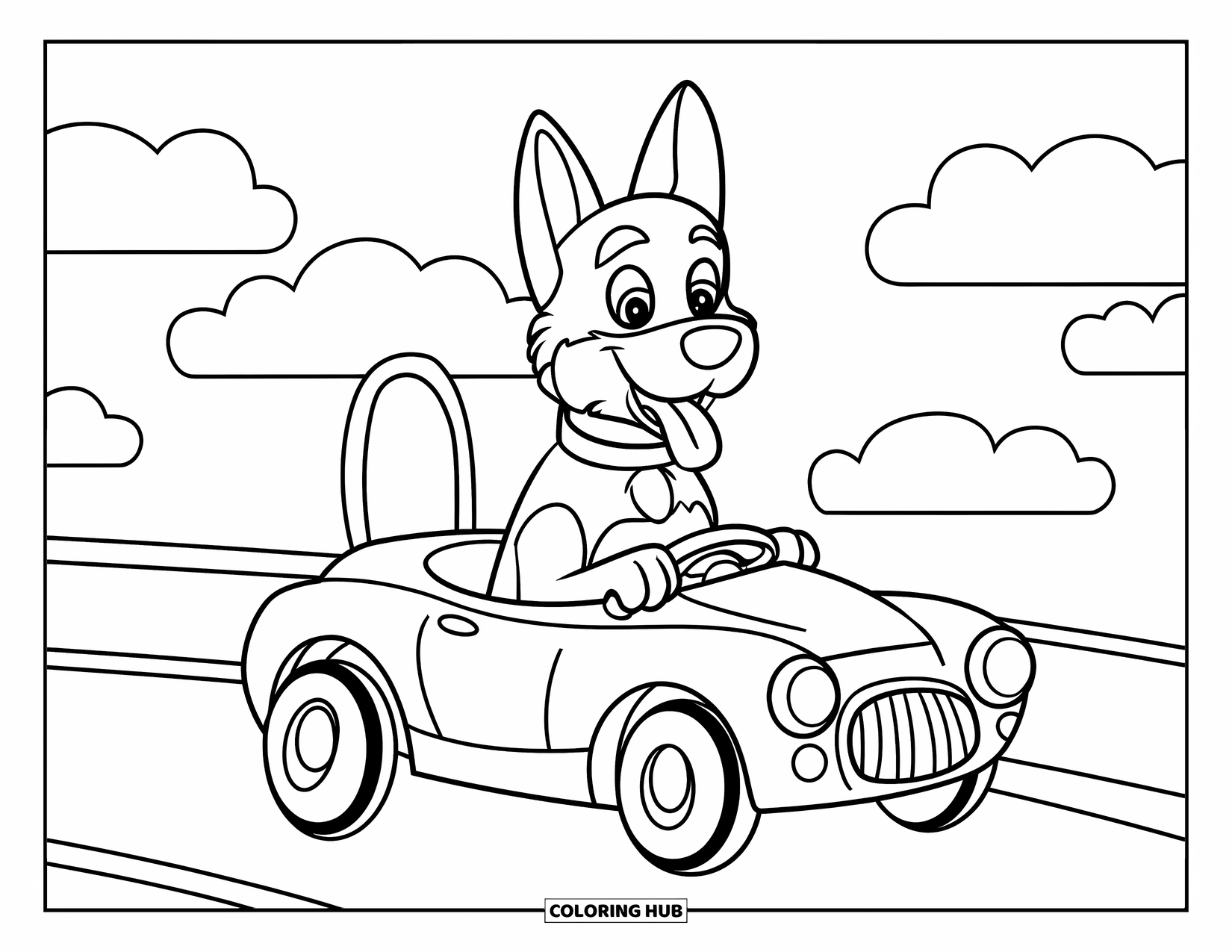 Disegno di un Pastore Tedesco da colorare per bambini: Una corsa divertente in un'auto giocattolo sotto un cielo di nuvole