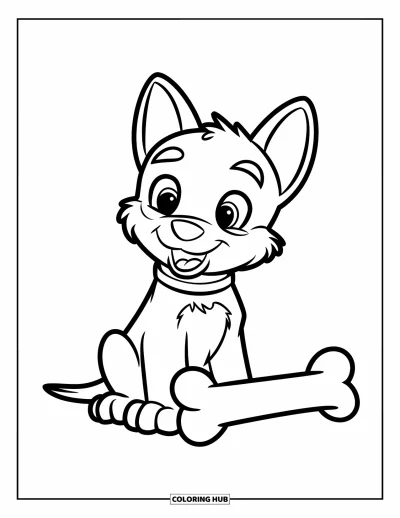 Coloriage de berger allemand pour enfants : Un chiot berger allemand avec un collier rouge assis à côté d'un grand os, aux contours nets