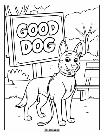 Coloriage de berger allemand pour enfants : Un berger allemand se tient près d’un panneau « Bon chien » dans le parc