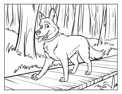 Coloriage de berger allemand pour enfants : Un berger allemand se promène sur un chemin en bois à travers une forêt tranquille