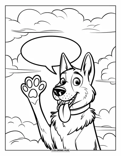 Coloriage de berger allemand pour enfants : Un chien heureux lève sa patte sous des nuages moelleux