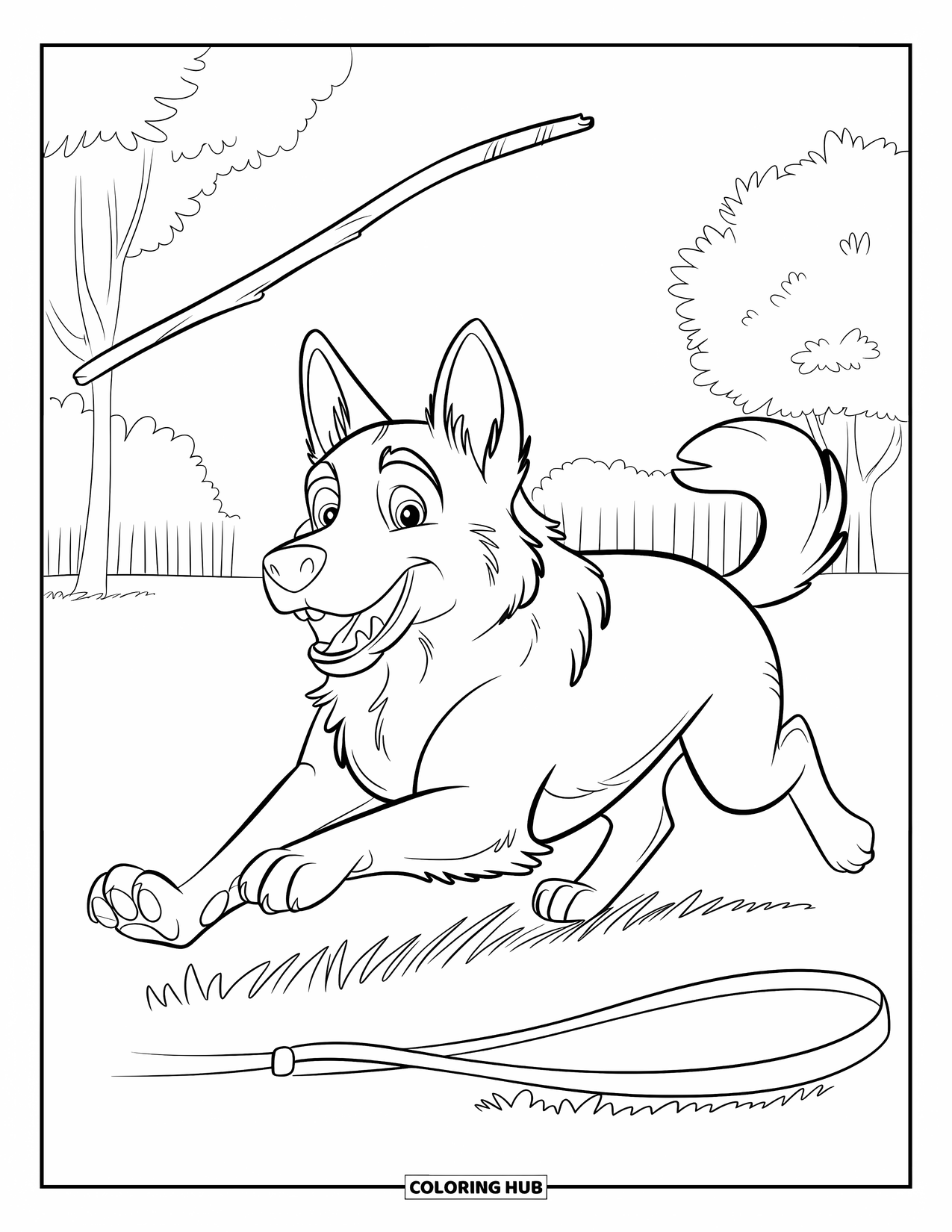 Disegno di un Pastore Tedesco da colorare per bambini: Un cane felice corre dietro a un bastone in un parco con alberi