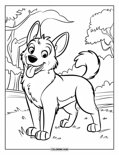 Coloriage de berger allemand pour enfants : Un berger allemand heureux avec une queue qui remue se tient sous des arbres et des nuages dans un champ herbeux