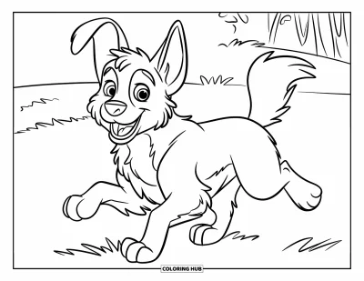 Coloriage de berger allemand pour enfants : Un chiot heureux se précipite à travers le champ avec les oreilles qui volent