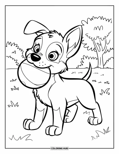 Coloriage de berger allemand pour enfants : Un chiot berger heureux se tient dans un champ herbeux avec une balle dans la bouche, prêt à jouer