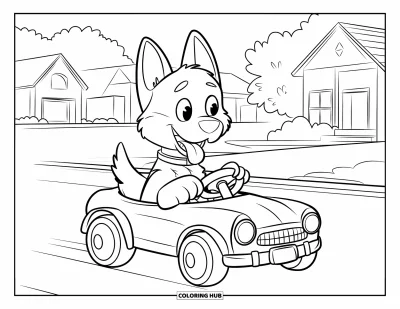 Coloriage de berger allemand pour enfants : Un berger heureux se promène dans une voiture jouet dans un quartier