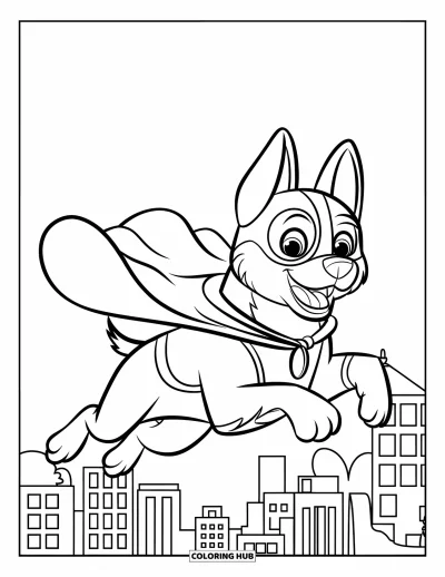 Coloriage de berger allemand pour enfants : Un berger allemand héroïque s'élance dans les airs avec une cape dans une scène urbaine