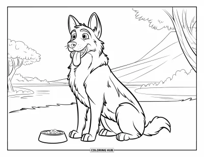 Coloriage de berger allemand pour enfants : Un chien affamé penche la tête près d’un bol dans une vue sur la montagne