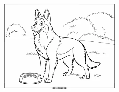 Coloriage de berger allemand pour enfants : Un berger allemand affamé se tient près d’un bol de nourriture sur l’herbe