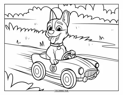 Coloriage de berger allemand pour enfants : Une promenade joyeuse pour un chien dans une voiture jouet sur un chemin herbeux