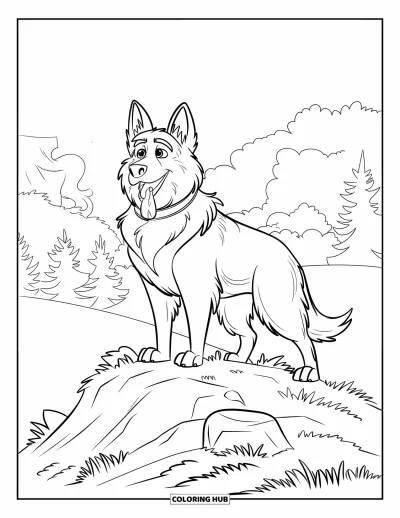 Coloriage de berger allemand pour enfants : Un berger majestueux se tient grand sur une colline rocheuse