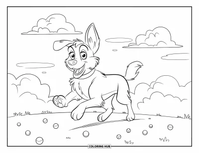 Coloriage de berger allemand pour enfants : Un chien enjoué avec des oreilles tombantes court près des nuages et des balles de tennis
