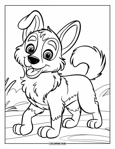 Coloriage de berger allemand pour enfants : Un berger allemand enjoué avec des yeux expressifs et un pelage moelleux se tient dans un fond propre et simple