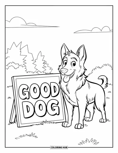 Coloriage de berger allemand pour enfants : Un berger enjoué se tient fièrement à côté d’un panneau en bulles